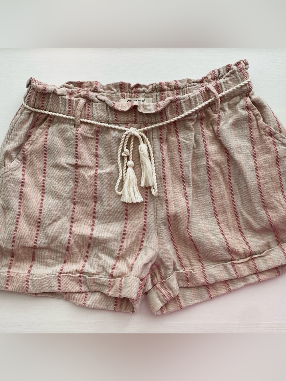 Rip Curl 100% Cotton Pink Striped High-Waist Shorts with Tassel Drawstring